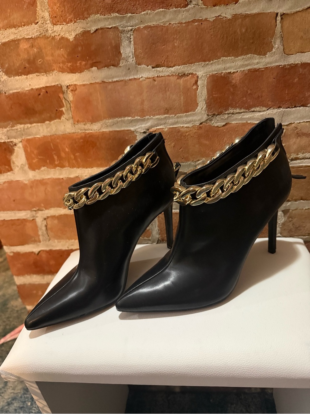 INC International Concepts Black Pointed Stiletto Ankle Booties with Gold Chain